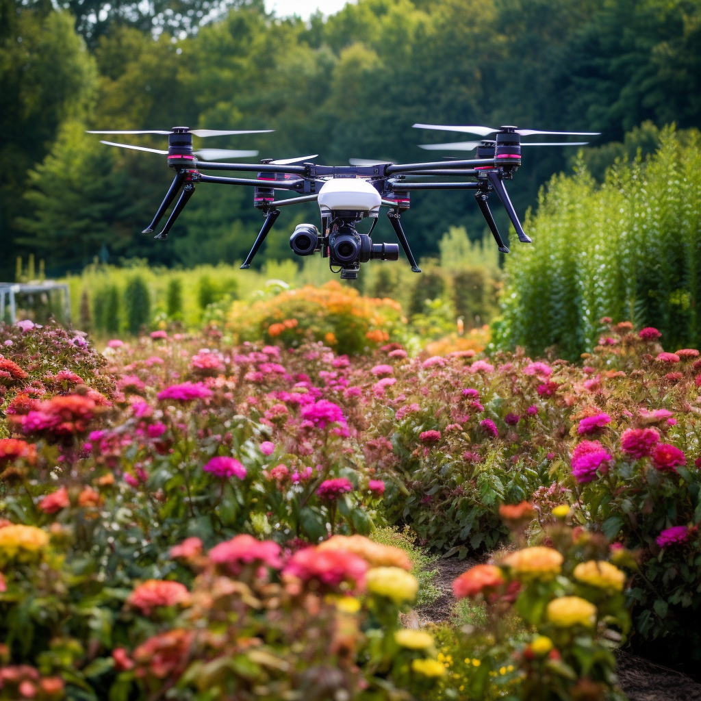 Dron nadzire zdravlje cvatućih dalija u vrtu.